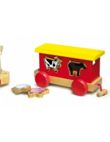 Tren de Madera Barnizada con Animales de Granja y de Circo  y Piezas de Construcción Juguete de Motricidad.