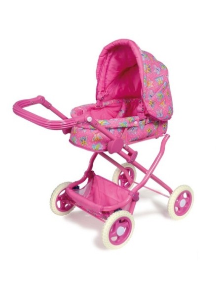 Cochecito de muñecas de color rosa plegable con bolsa y canasta carrito juguete de muñeca. Medidas: 90x44x70 cm.