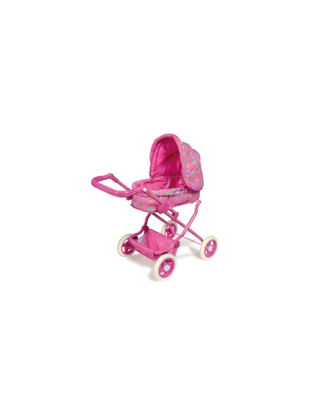 Cotxet de nines de color rosa plegable amb bossa i cistella carretó joguina de nina.