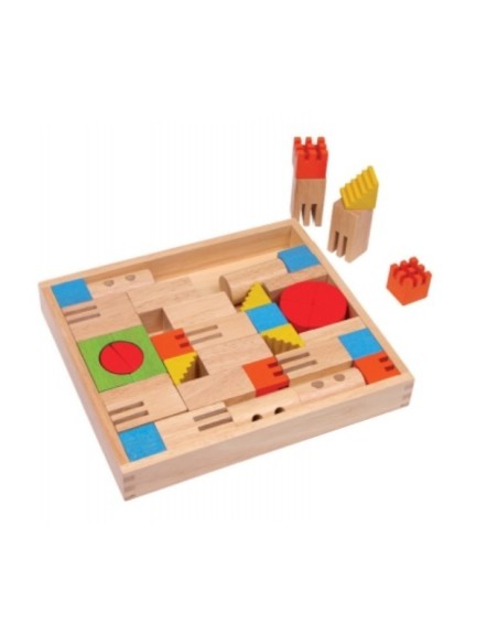 Caixa construcció amb peces de fusta blocs de fusta per a joc de creativitat infantil: Mides: 23x26 cm.