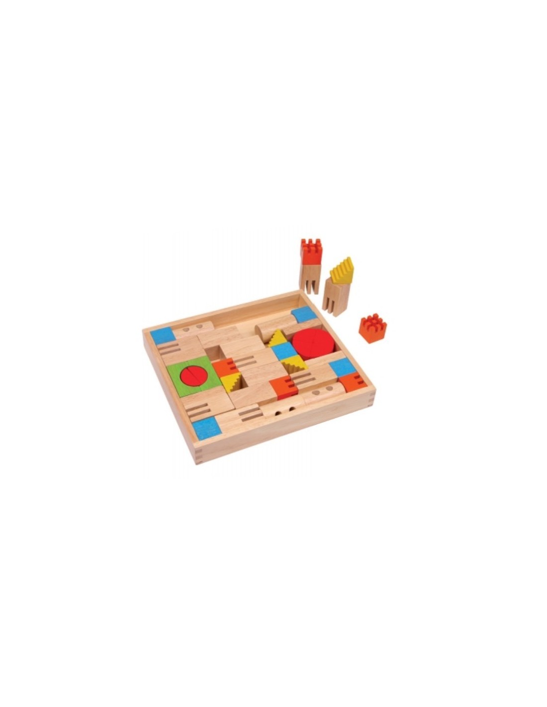 Caja construcción con piezas de madera bloques de madera para juego de creatividad infantil