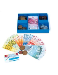 Caixa amb diners de joc infantil diners falsos per aprendre a comptar i donar canvi aprendre jugant