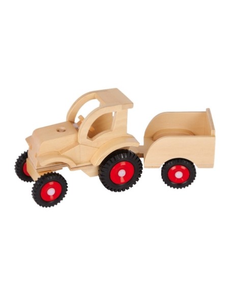 Tractor articulado de madera con remolque. Medidas: 14x27x10 cm.