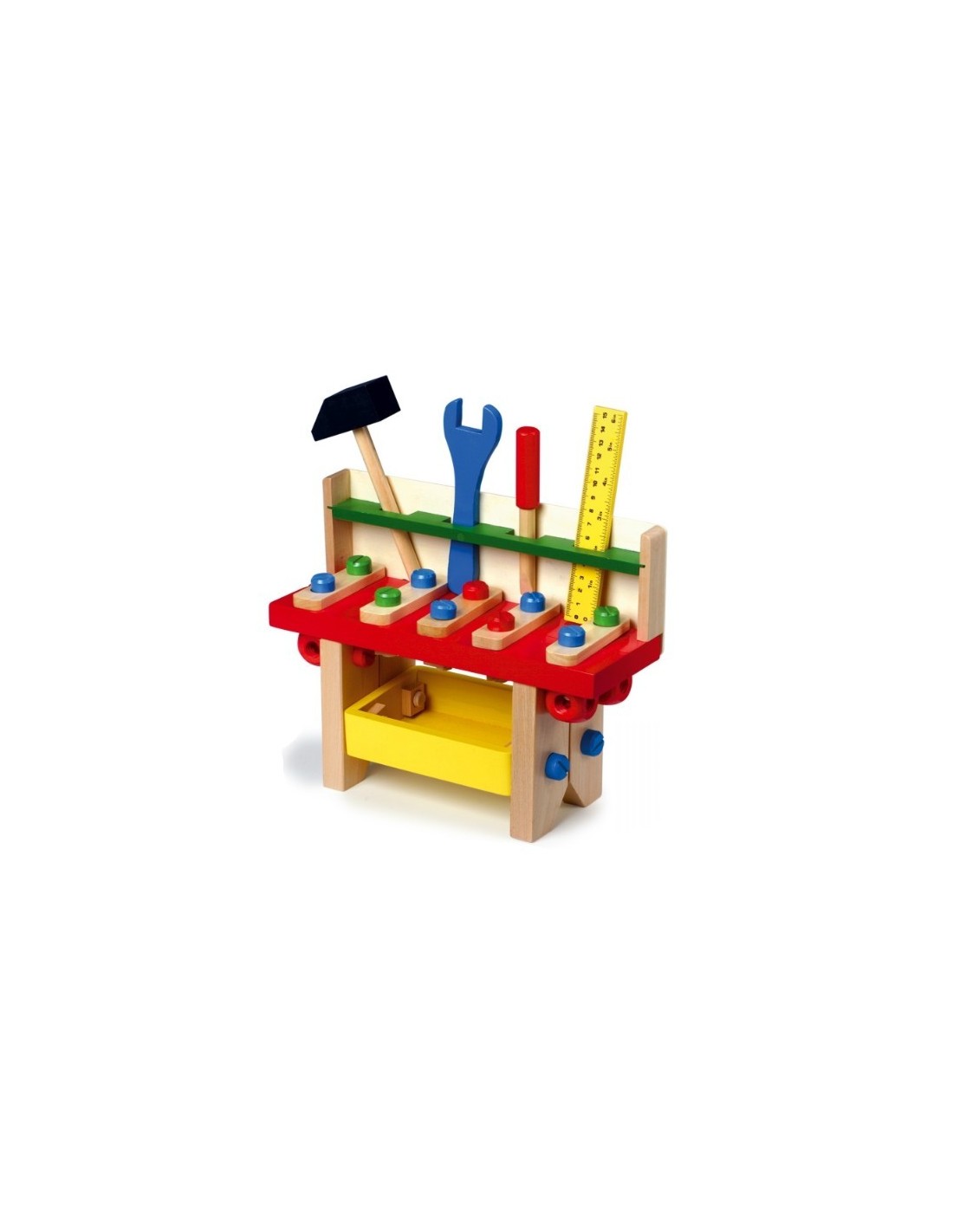 Banco pequeño de trabajo en madera con herramientas para juego infantil