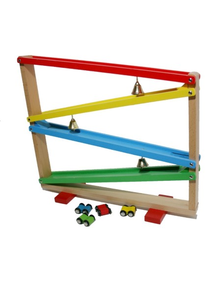 Circuito de madera para coches con campanas juego de pista con autos para niños. Medidas: 36x10x41 cm