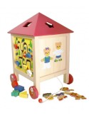 Caja con forma de casa de madera y accesorios para encajar juego de motricidad infantil