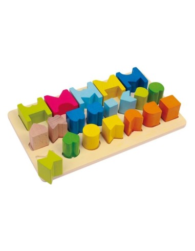 Joc de taula amb formes geomètriques base de fusta per encaixar segons forma joc coordinació