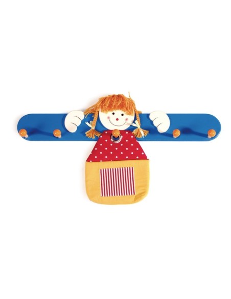 Penjador penjador infantil de fusta amb colors 5 ganxos rodons decoració de canell amb bossa. Mides: 33x60x10 cm.