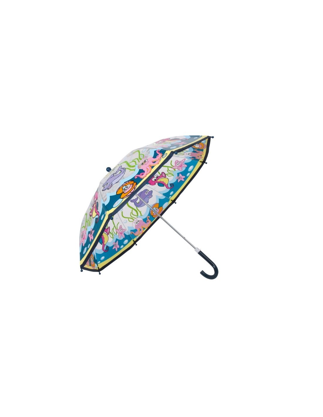Paraguas infantil con tela transparente mundo submarino. Medidas: 57xØ67 cm.