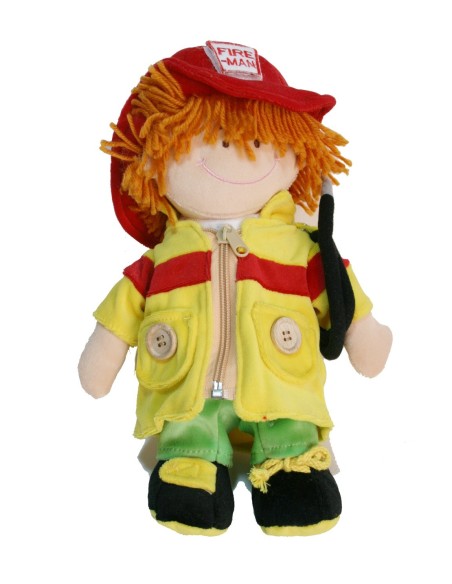 Muñeco de trapo con vestido de profesión bombero. Medidas: 30x29 cm.