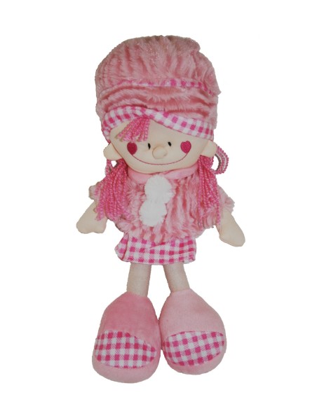 Muñeca de trapo con vestido de color rosa. Medidas: 34x16 cm.