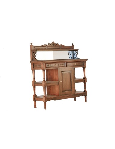 Buffet colonial en acajou massif avec étagères et tiroirs pour salle à manger ou cuisine.