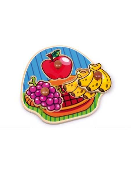 Puzzle encajable con figuras grandes de frutas de Madera Puzle para infante juego clásico. Medidas: 28x30 cm.