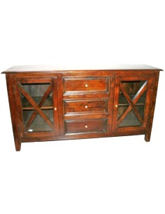Aparador de Madera Maciza de teka con Puertas de Cristal y Cajones Estilo Rústico