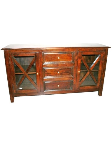 Buffet en teck massif avec portes vitrées et tiroirs de style rustique.