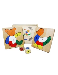 Puzle amb formes d'aneguet i osset amb números de fusta de faig i daus, joc educatiu infantil. 2