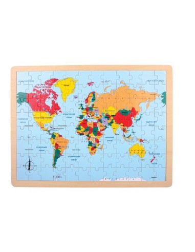 Puzzle en bois mers continents et pays du monde description dans le jeu éducatif pour enfants allemands.