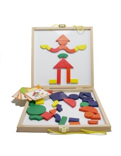 Juego de geometría con maleta de madera para transporte juego de habilidad y creatividad infantil. Medidas: 4x29x29 cm.