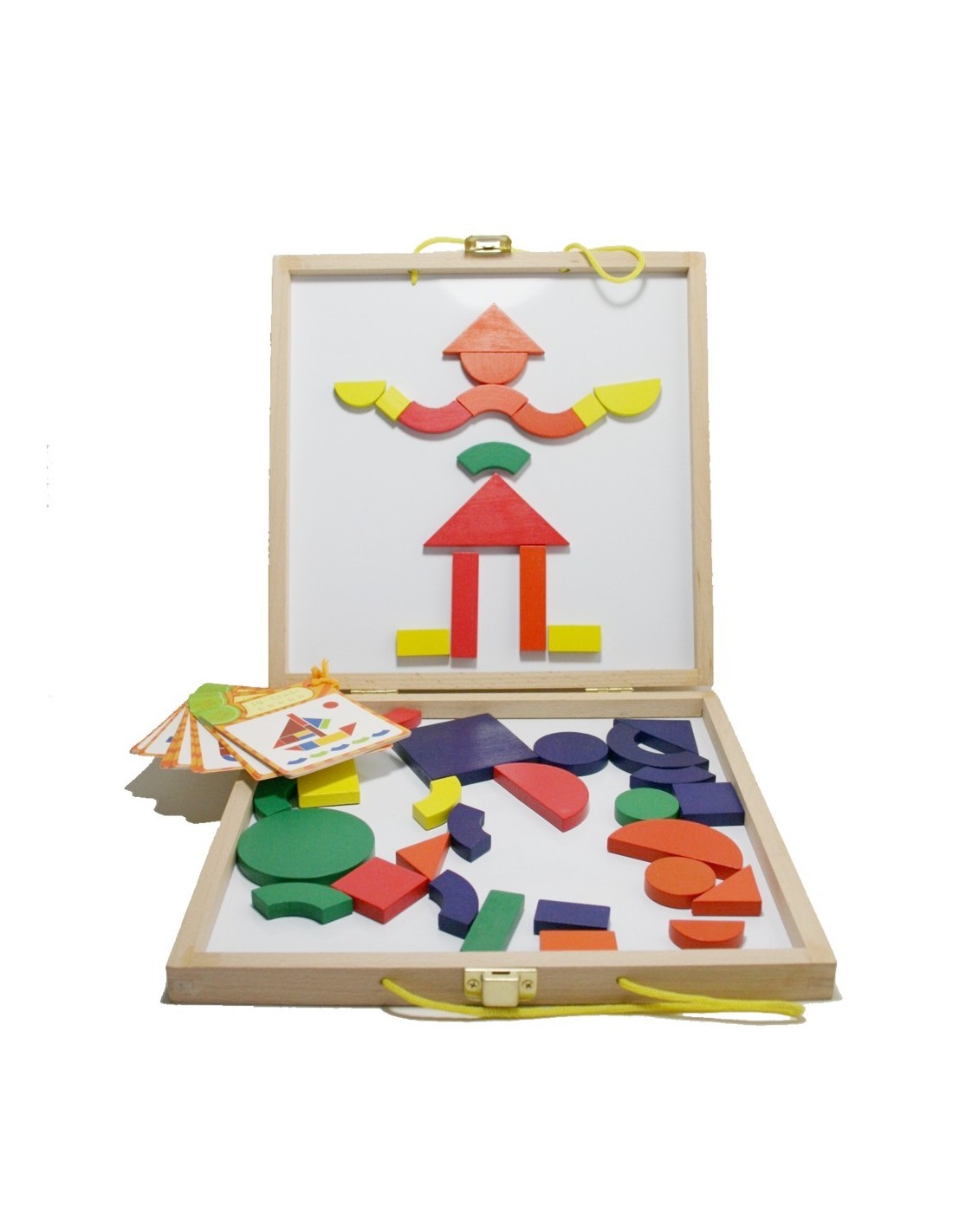 Joc de geometria amb maleta de fusta per a transport joc dhabilitat i creativitat infantil.