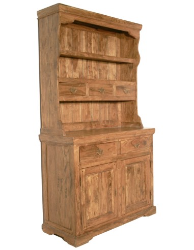 Armoire rustique en acacia massif avec étagère supérieure, tiroirs et portes inférieures.