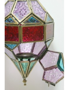 Lanterne suspendue en verre et métal multicolore avec bougeoir 2