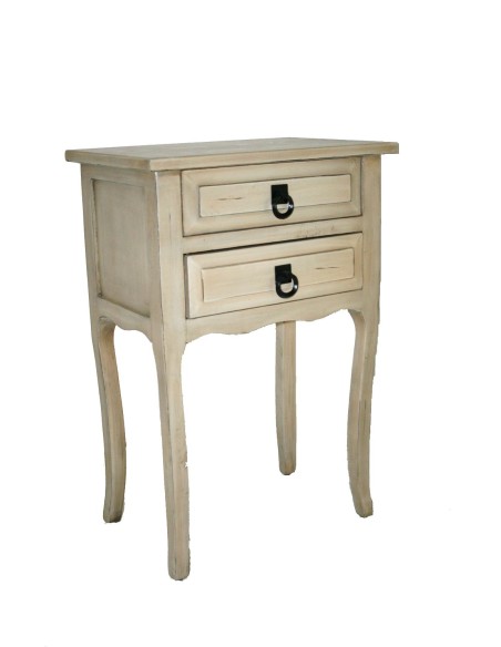 Mesita de noche o mueble auxiliar con dos cajones color blanco envejecido.Medidas: 68x46x31 cm.
