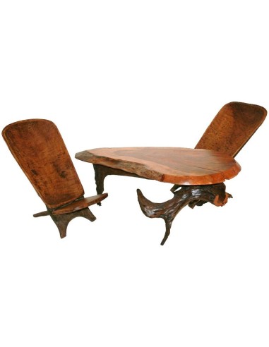 Table africaine avec sièges tribaux en bois d'iroko de Côte de Marfil.