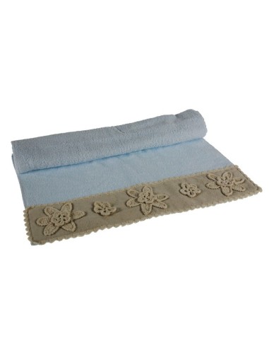 Serviette de bain bleue avec bordure fleurie en dentelle de style vintage