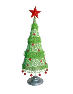 Árbol pequeño de Navidad de plancha en verde y multicolor con bolas decorativas rojas y estrella. Medidas: 67xØ 22 cm.