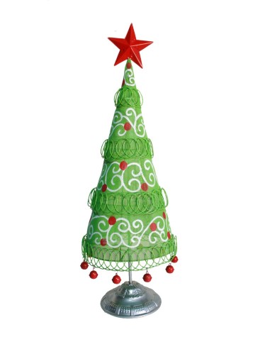 Petit sapin de Noël en fer vert et multicolore avec boules décoratives rouges et étoile.