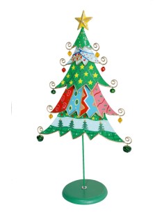 Árbol pequeño de Navidad metal multicolor con bolas decorativas y estrella abeto decoración de sobremesa. Medidas: 47x26x7 cm.