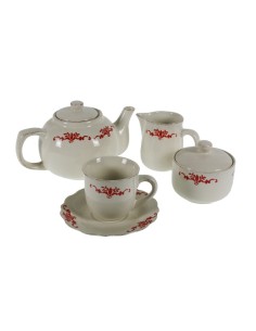 Service à café et thé de 15 pièces de vaisselle en céramique et décoration florale de style rustique.