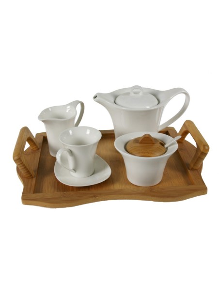 Joc de cafè de 12 peces de ceràmica blanca amb safata de fusta de bambú servei de taula. Mesures: 30x40 cm.