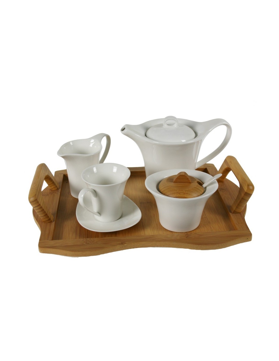 Juego de café de 12 piezas de cerámica blanca con bandeja de madera de bambú servicio de mesa 