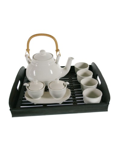 Conjunto Té Porcelana blanca con Bandeja de bambú 4 servicios estilo clásico servicio de mesa