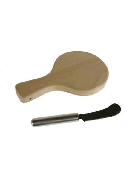 Tabla de corte con mango de madera para queso con cuchillo utensilio de cocina. Medidas: 3x14x24 cm.