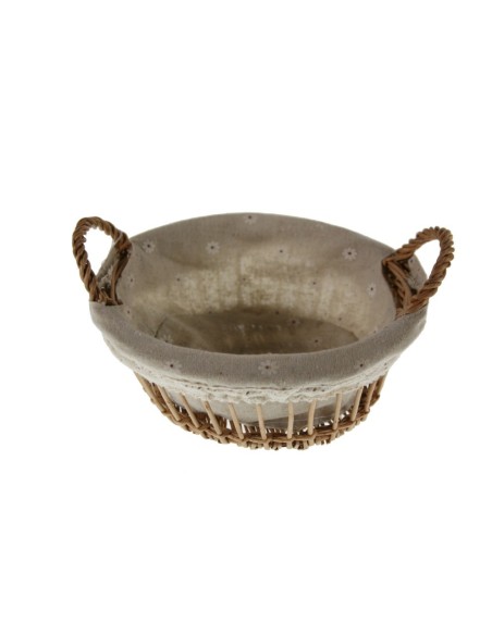 Panera o cesta redonda para el pan de mimbre forrada en tela estilo rústico utensilio de mesa. Medidas: 13xØ23 cm.