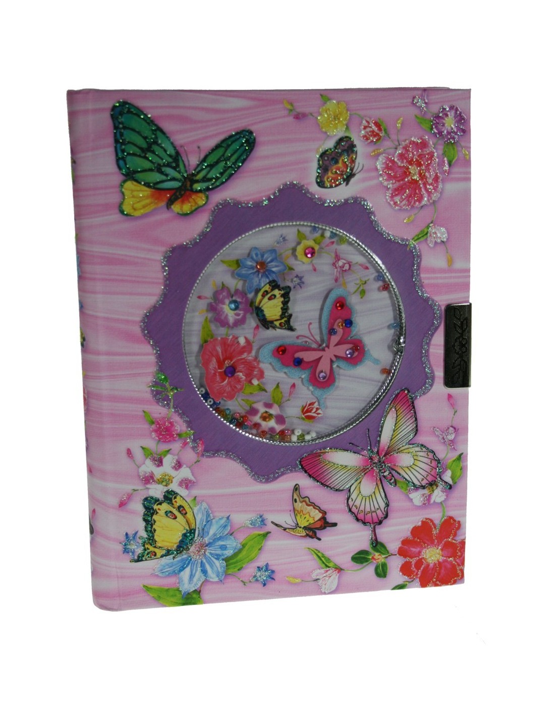Diario infantil con llave color rosa ilustración mariposa