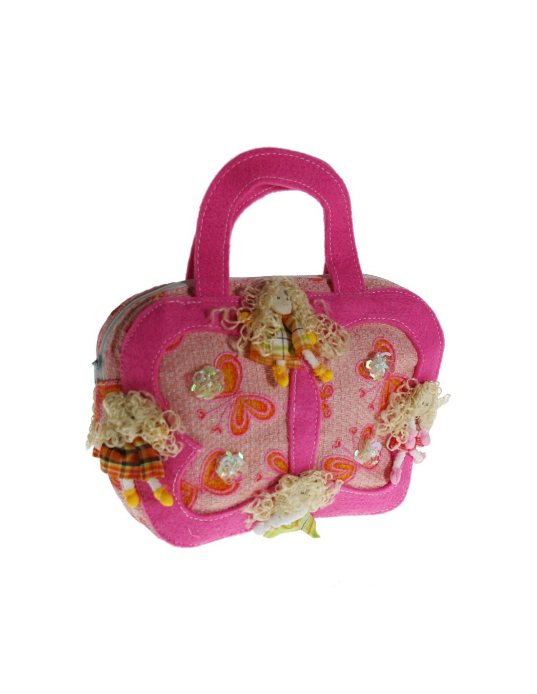 Bolso de mano infantil niña color rosa adornado con muñequitas