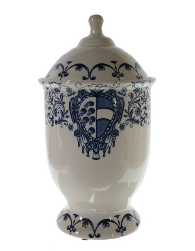 Bote de cerámica clásico color azul pintado a mano con tapa  decoración hogar.