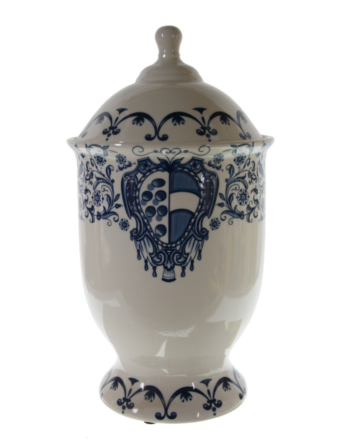 Bote de cerámica pieza única con dibujo en blanco y azul