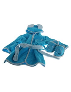 Albornoz Infantil color azul con capucha, cinturón y zapatillas conjunto de tejido de algodón. Talla: 1 a 3 años.