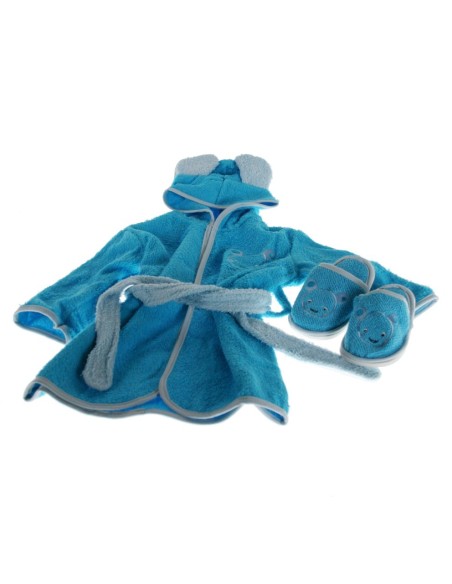 Barnús Infantil color blau amb caputxa, cinturó i sabatilles conjunt de teixit de cotó. Talla: 1 a 3 anys.
