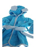 Albornoz Infantil color azul con capucha, cinturón y zapatillas conjunto de tejido de algodón.