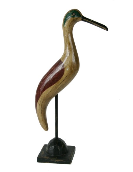 Figura decorativa gavina de fusta massissa amb pedestal metall. Mesures: 44x10x17 cm.