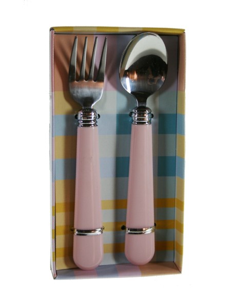Cubiertos infantiles de colar rosa set de tenedor y cuchara. Medidas. 14 cm.