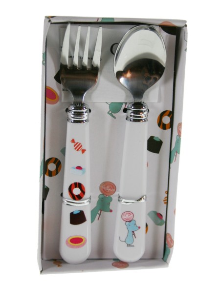 Cubiertos infantiles de colar blanco set de tenedor y cuchara. Medidas. 14 cm.