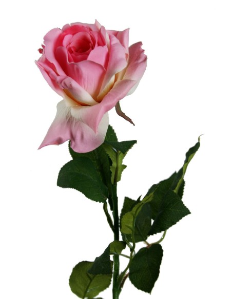 Flor rosa artificial de color rosa con pétalos de tela y tallo largo decoración adorno hogar. Medidas: 76x8x8 cm.