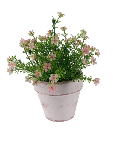 Flor artificial en maceta de cerámica con flores de color rosa decoración para el hogar, jardín, terraza. Medidas: 23x15 cm.