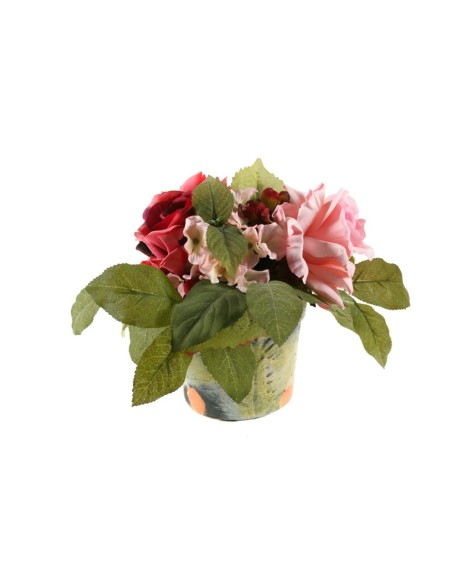 Flor artificial en maceta con rosas de color rosa y pétalos de tela decoración para el hogar. Medidas: 20x15x15 cm.